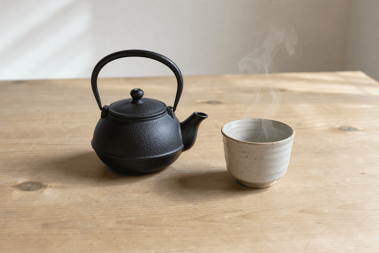 A small cast-iron teapot and a single handmade ceramic cup on a pale wooden table, steam rising