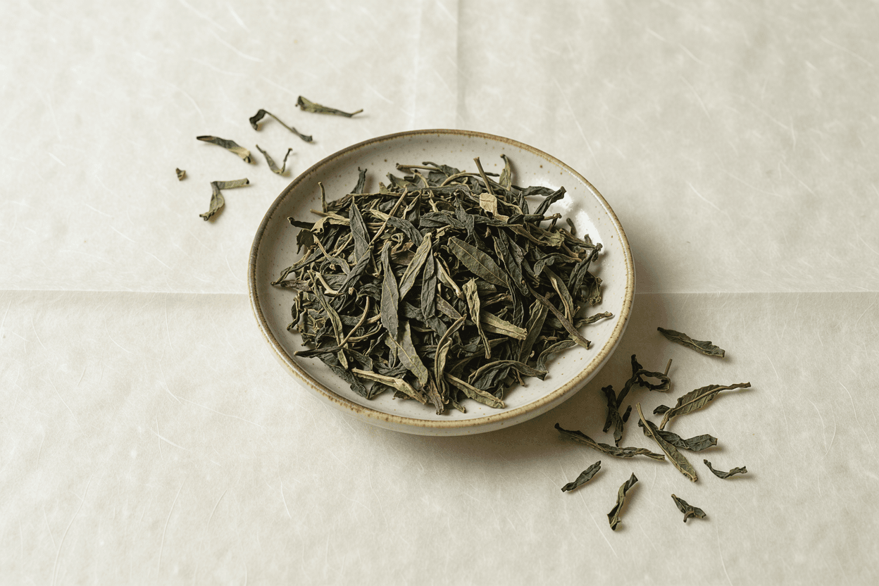 Loose green tea leaves in a shallow ceramic dish on rice paper, seen from above
