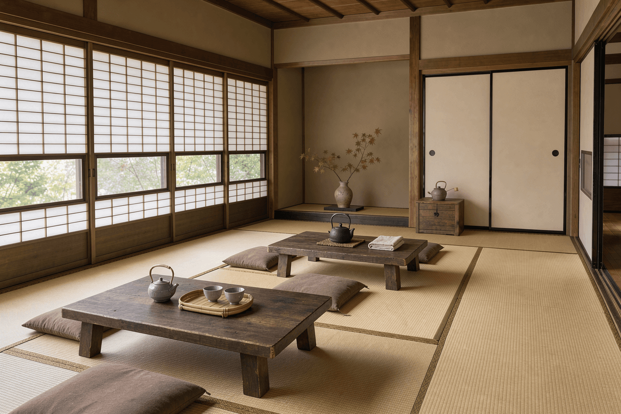 A quiet tea room with low wooden tables, paper screens and soft daylight